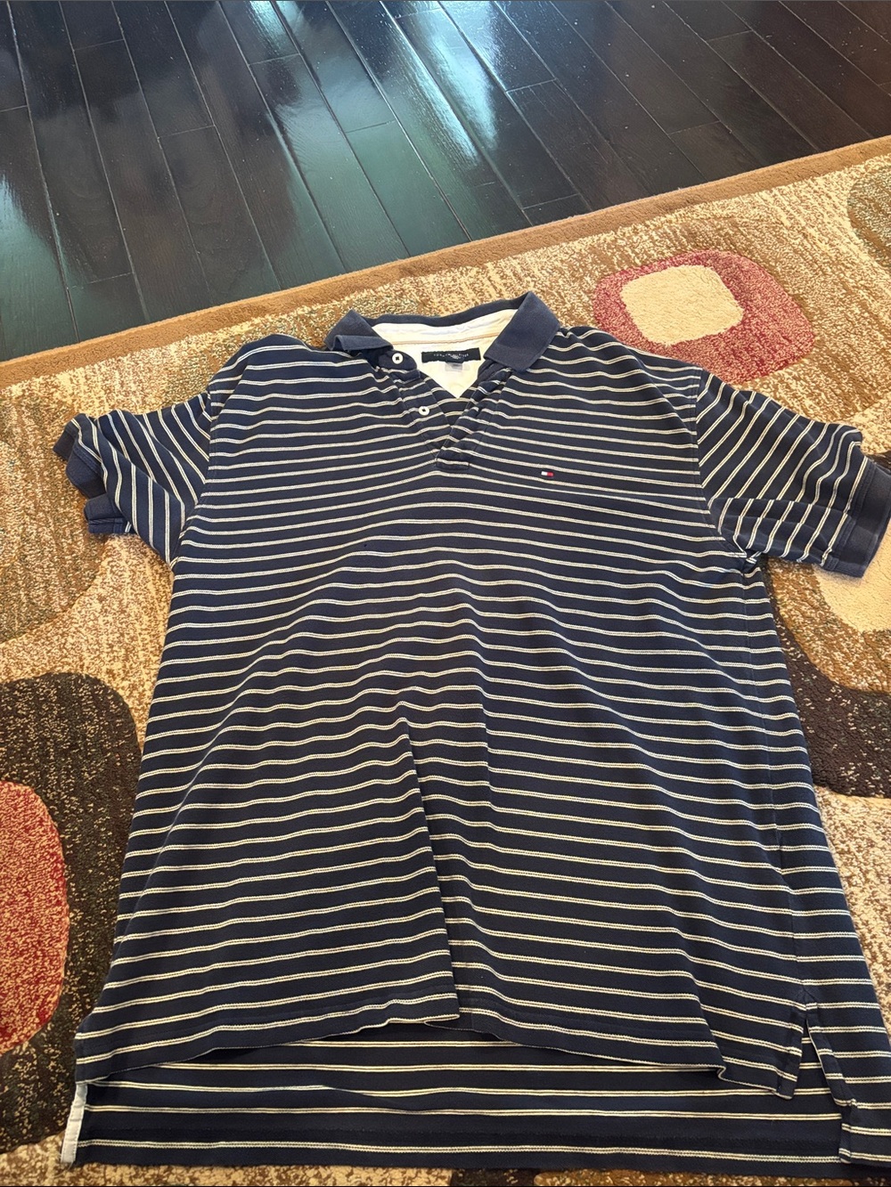 Tommy Hilfiger Navy and White Striped Polo Shirt
